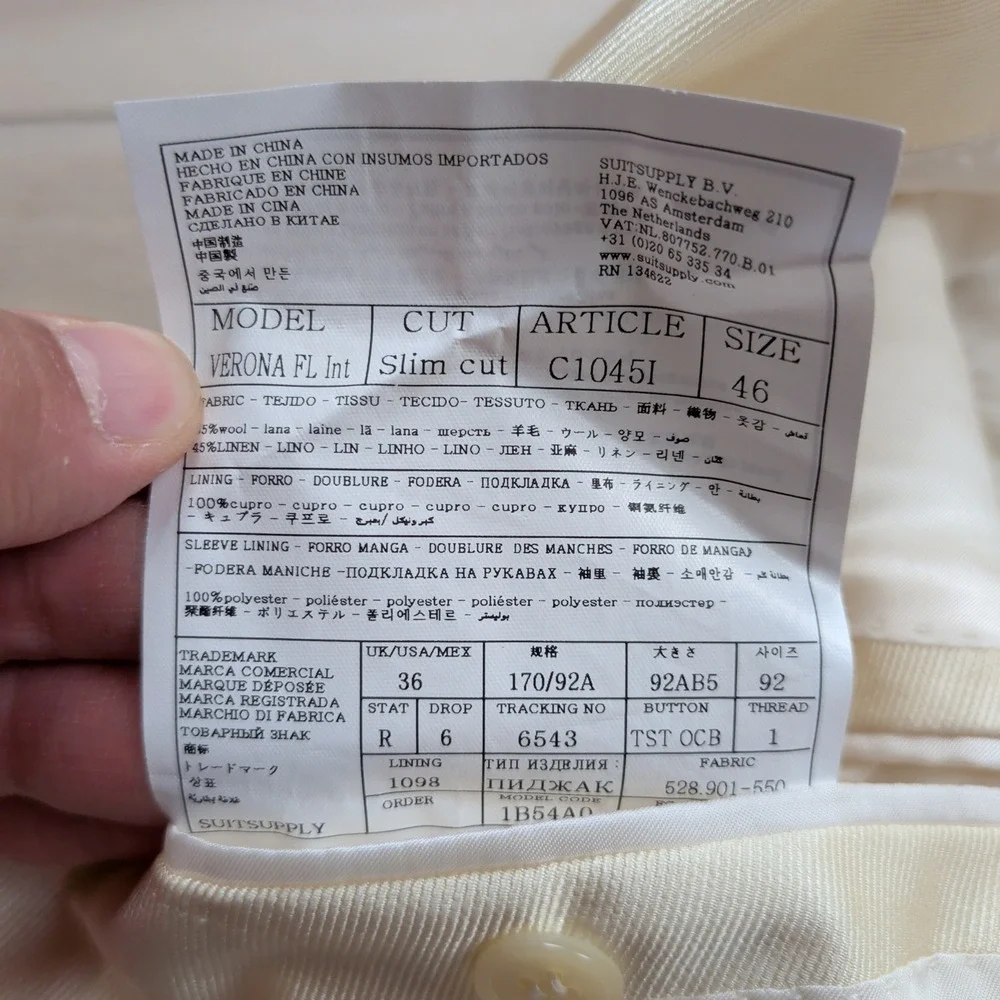 Suitsupply Verona Tuxedo Dinner Jacket Mens 36R Slim Off White Wool Linen VBC